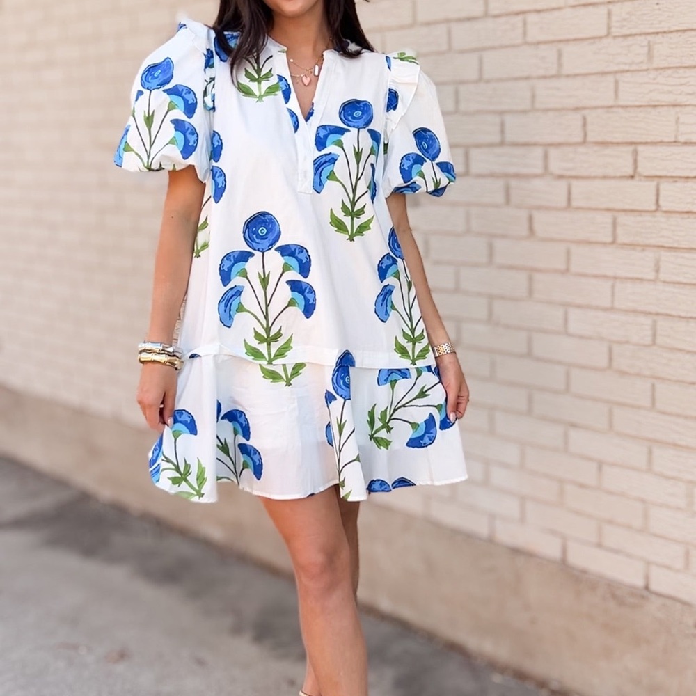 Floral Puff Sleeve Dress in Blue and White